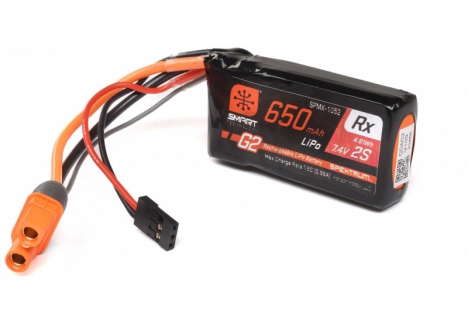 SPM 7.4V 650mAh 2S 15C Smart G2 Receiver LiPo Battery: IC3 O-SPMX-1052